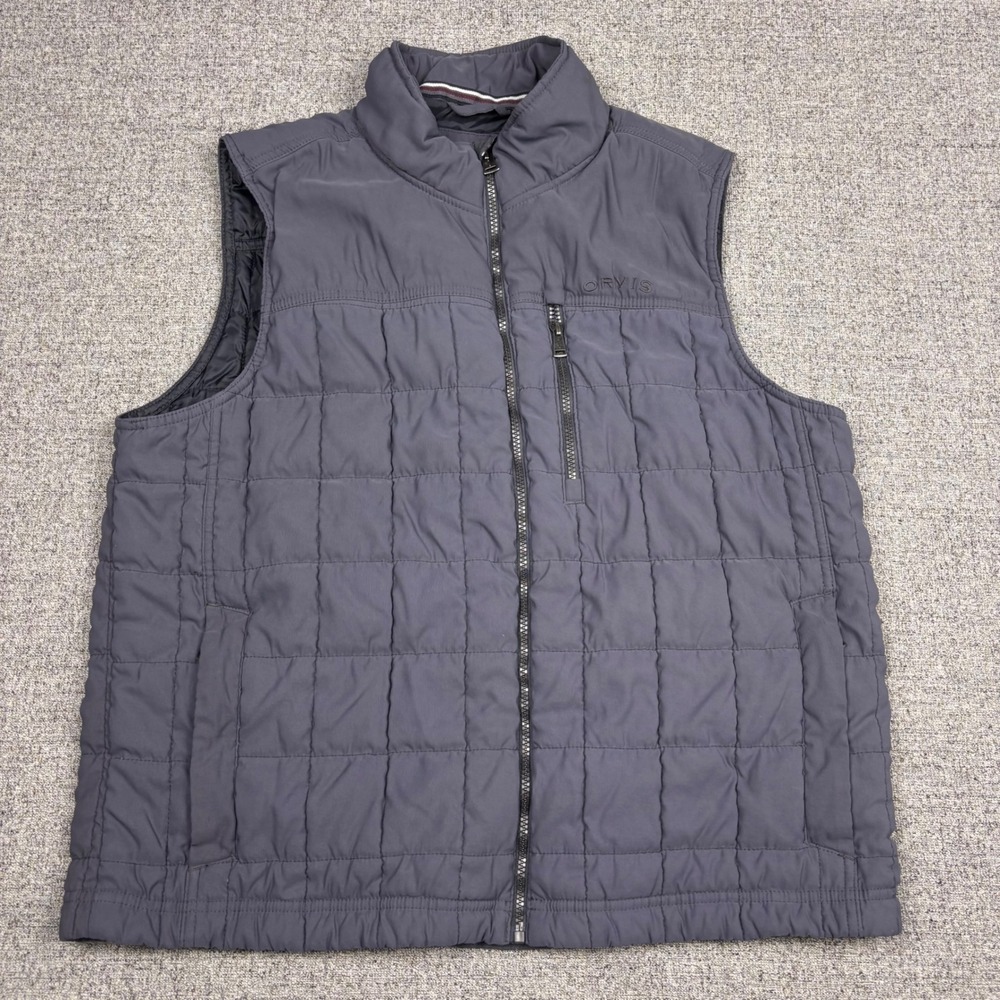 Orvis Vest Mens Large Classic Collection Gray Quilted Puffer Full Zip Stretch